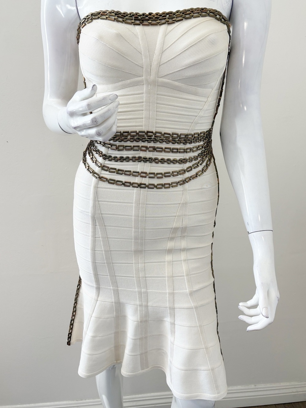 Herve Leger PF 2014 Cream Strapless Bandage Mini Dress w Gold Tone Beaded Chains